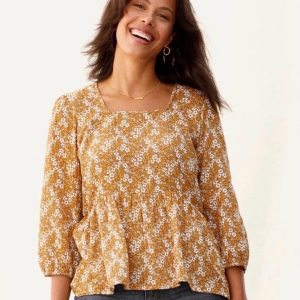 Floral Square-Neck Peplum Top - Mustard